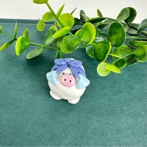 Vintage Mini Pig Figurine with Blue Bow